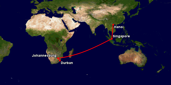 Bay từ Hà Nội đến Durban qua Singapore, Johannesburg