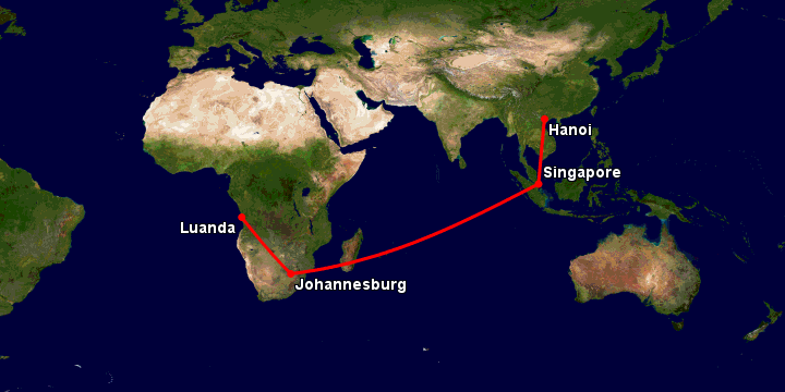 Bay từ Hà Nội đến Luanda qua Singapore, Johannesburg