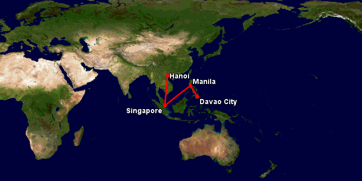 Bay từ Hà Nội đến Davao qua Singapore, Manila