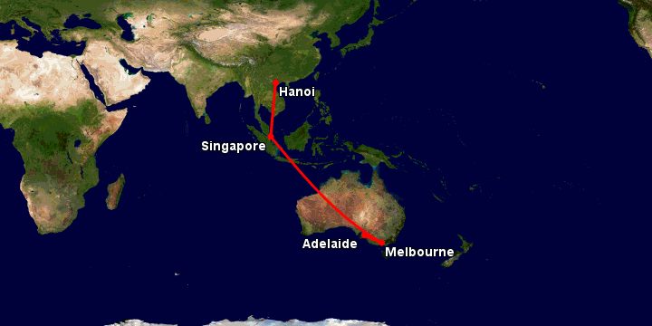 Bay từ Hà Nội đến Adelaide qua Singapore, Melbourne