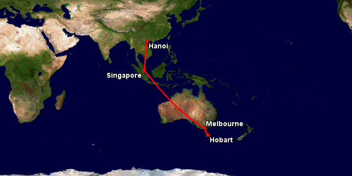 Bay từ Hà Nội đến Hobart qua Singapore, Melbourne