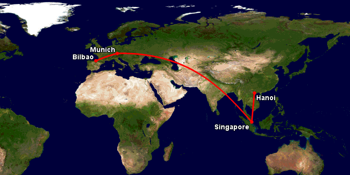 Bay từ Hà Nội đến Bilbao qua Singapore, Munich