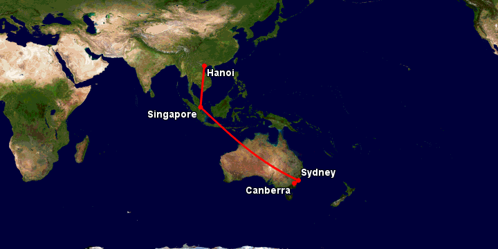 Bay từ Hà Nội đến Canberra qua Singapore, Sydney