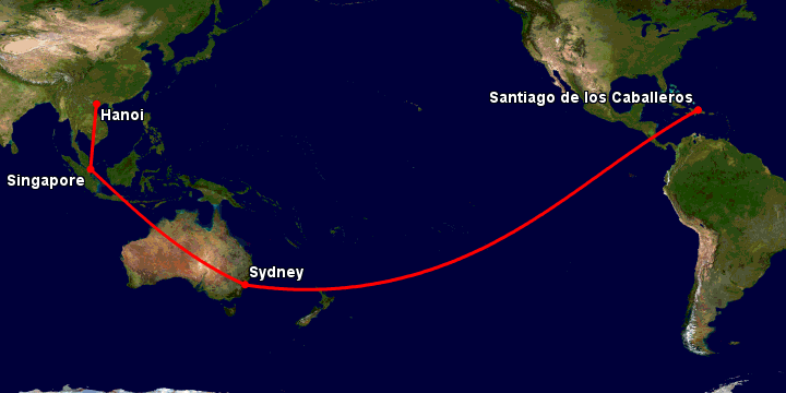Bay từ Hà Nội đến Santiago Do qua Singapore, Sydney