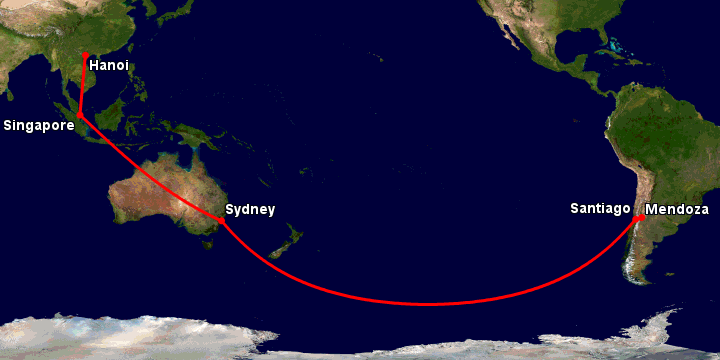 Bay từ Hà Nội đến Mendoza qua Singapore, Sydney, Santiago