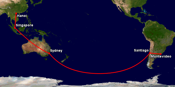 Bay từ Hà Nội đến Montevideo qua Singapore, Sydney, Santiago