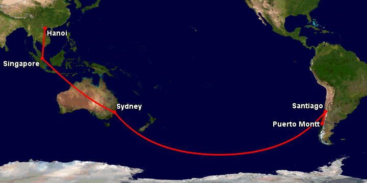 Bay từ Hà Nội đến Puerto Montt qua Singapore, Sydney, Santiago