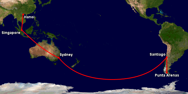 Bay từ Hà Nội đến Punta Arenas qua Singapore, Sydney, Santiago