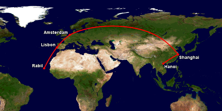 Bay từ Hà Nội đến Boa Vista Cv qua Thượng Hải, Amsterdam, Lisbon