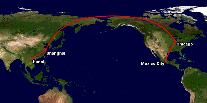 Bay từ Hà Nội đến Mexico City qua Thượng Hải, Chicago
