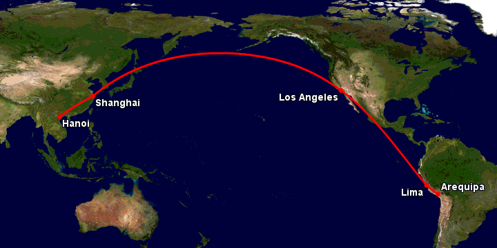 Bay từ Hà Nội đến Arequipa qua Thượng Hải, Los Angeles, Lima