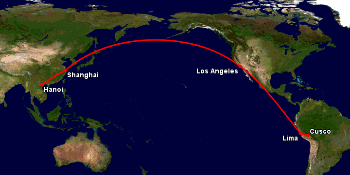 Bay từ Hà Nội đến Cuzco qua Thượng Hải, Los Angeles, Lima