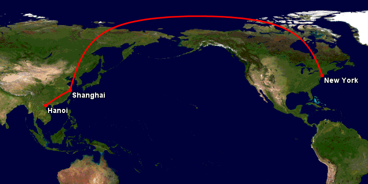Bay từ Hà Nội đến New York qua Thượng Hải