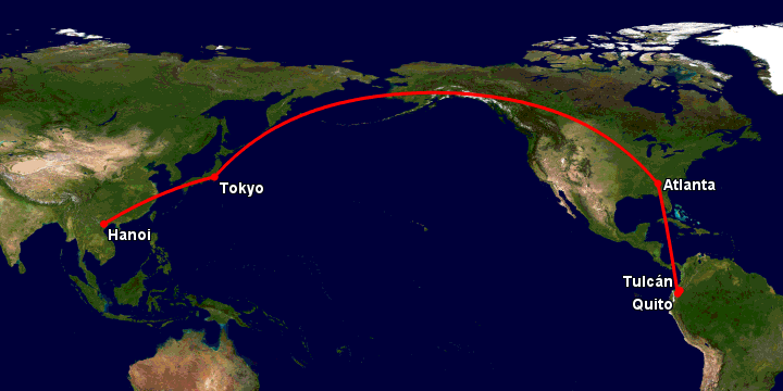 Bay từ Hà Nội đến Tulcan qua Tokyo, Atlanta, Quito