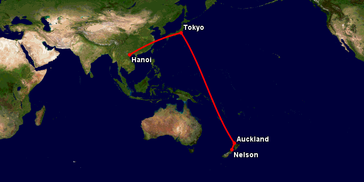Bay từ Hà Nội đến Nelson qua Tokyo, Auckland