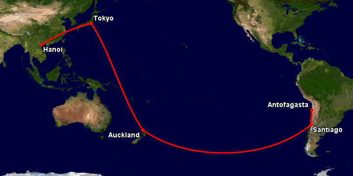 Bay từ Hà Nội đến Antofagasta qua Tokyo, Auckland, Santiago