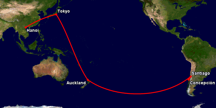 Bay từ Hà Nội đến Concepcion qua Tokyo, Auckland, Santiago