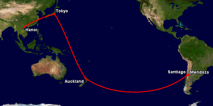 Bay từ Hà Nội đến Mendoza qua Tokyo, Auckland, Santiago