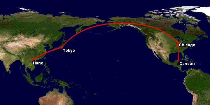 Bay từ Hà Nội đến Cancun qua Tokyo, Chicago