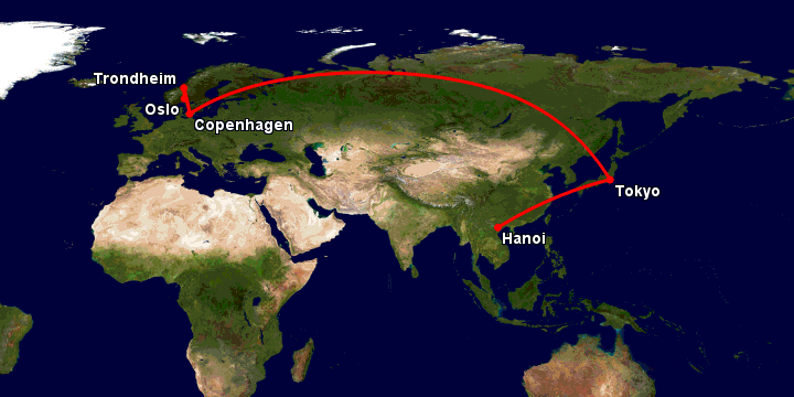Bay từ Hà Nội đến Oslo qua Tokyo, Copenhagen, Trondheim