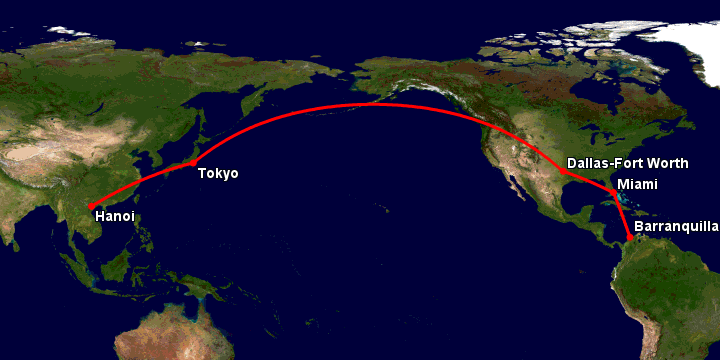 Bay từ Hà Nội đến Barranquilla qua Tokyo, Dallas, Miami