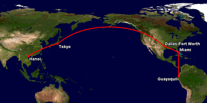 Bay từ Hà Nội đến Guayaquil qua Tokyo, Dallas, Miami
