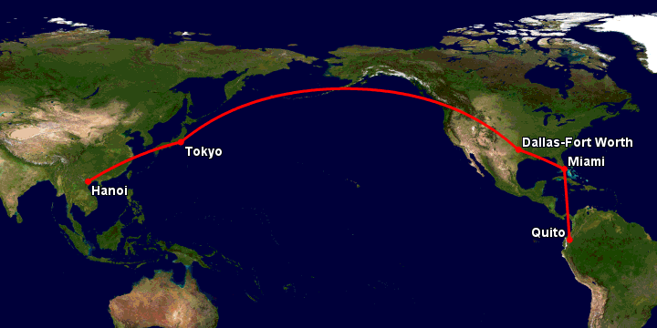 Bay từ Hà Nội đến Quito qua Tokyo, Dallas, Miami