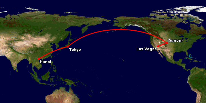 Bay từ Hà Nội đến Las Vegas qua Tokyo, Denver