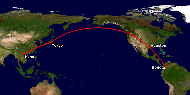 Bay từ Hà Nội đến Bogota qua Tokyo, Houston