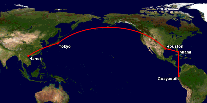 Bay từ Hà Nội đến Guayaquil qua Tokyo, Houston, Miami