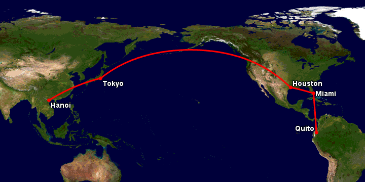 Bay từ Hà Nội đến Quito qua Tokyo, Houston, Miami