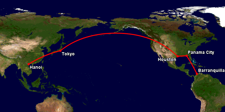 Bay từ Hà Nội đến Barranquilla qua Tokyo, Houston, Panama City