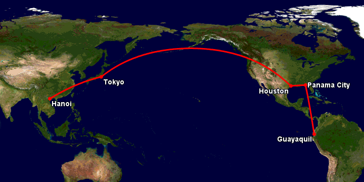 Bay từ Hà Nội đến Guayaquil qua Tokyo, Houston, Panama City