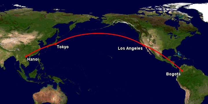 Bay từ Hà Nội đến Bogota qua Tokyo, Los Angeles