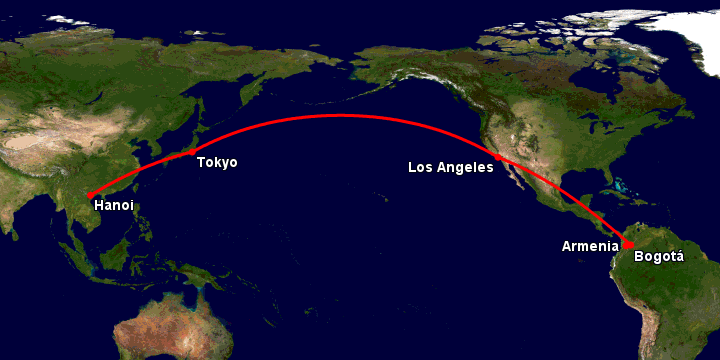 Bay từ Hà Nội đến Armenia qua Tokyo, Los Angeles, Bogotá