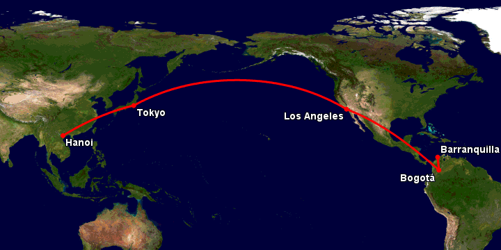 Bay từ Hà Nội đến Barranquilla qua Tokyo, Los Angeles, Bogotá