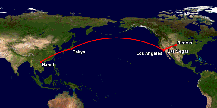 Bay từ Hà Nội đến Las Vegas qua Tokyo, Los Angeles, Denver