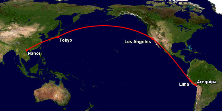 Bay từ Hà Nội đến Arequipa qua Tokyo, Los Angeles, Lima