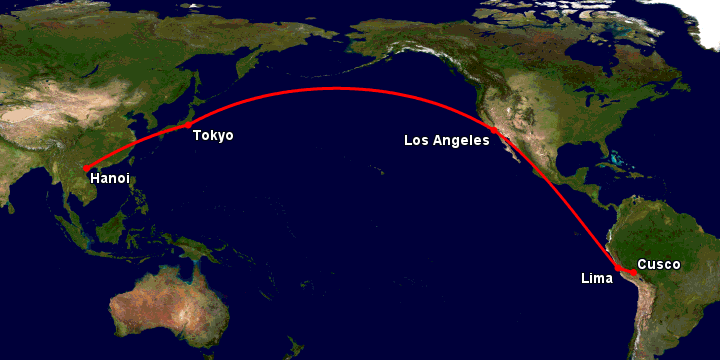 Bay từ Hà Nội đến Cuzco qua Tokyo, Los Angeles, Lima