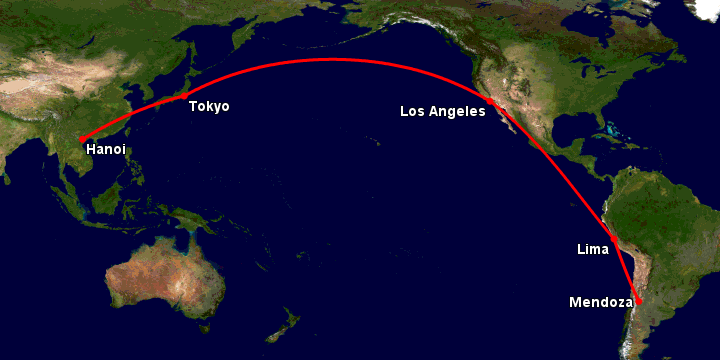 Bay từ Hà Nội đến Mendoza qua Tokyo, Los Angeles, Lima