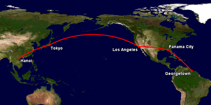 Bay từ Hà Nội đến Georgetown GY qua Tokyo, Los Angeles, Panama City