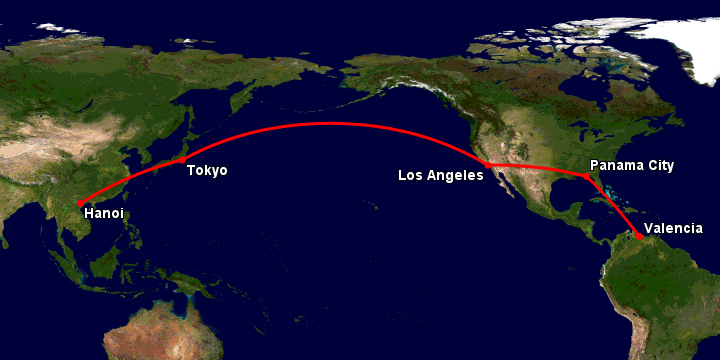 Bay từ Hà Nội đến Valencia Arturo qua Tokyo, Los Angeles, Panama City