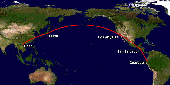 Bay từ Hà Nội đến Guayaquil qua Tokyo, Los Angeles, San Salvador