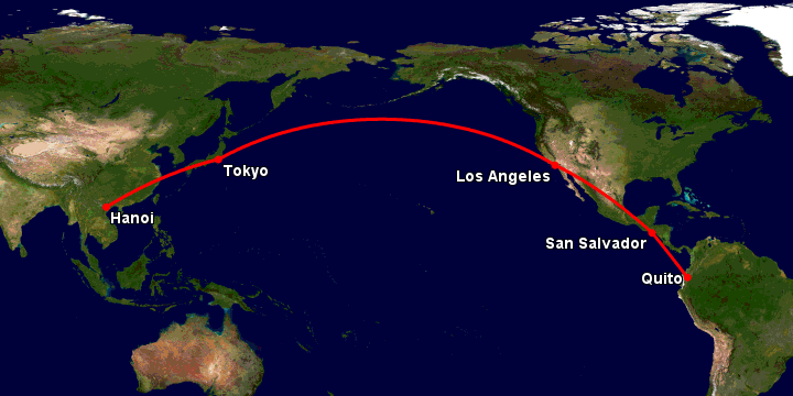 Bay từ Hà Nội đến Quito qua Tokyo, Los Angeles, San Salvador