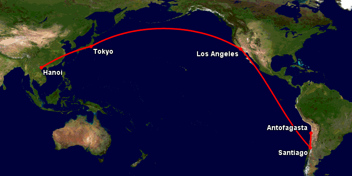 Bay từ Hà Nội đến Antofagasta qua Tokyo, Los Angeles, Santiago