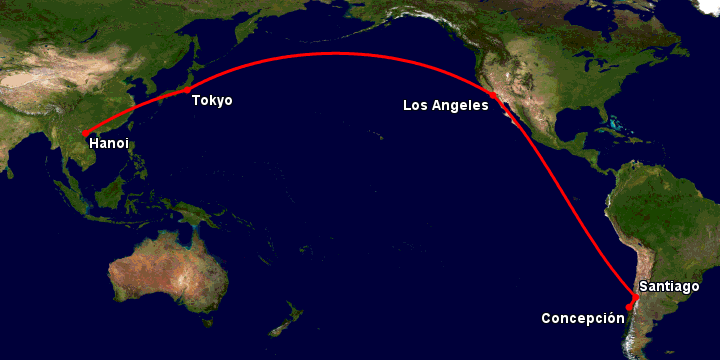 Bay từ Hà Nội đến Concepcion qua Tokyo, Los Angeles, Santiago