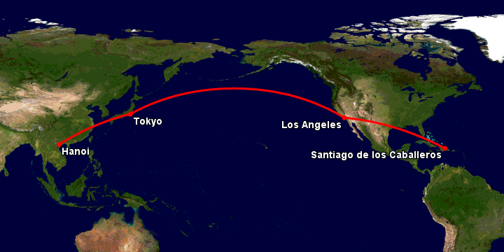 Bay từ Hà Nội đến Santiago Do qua Tokyo, Los Angeles