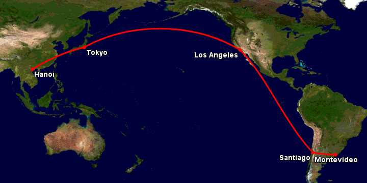 Bay từ Hà Nội đến Montevideo qua Tokyo, Los Angeles, Santiago