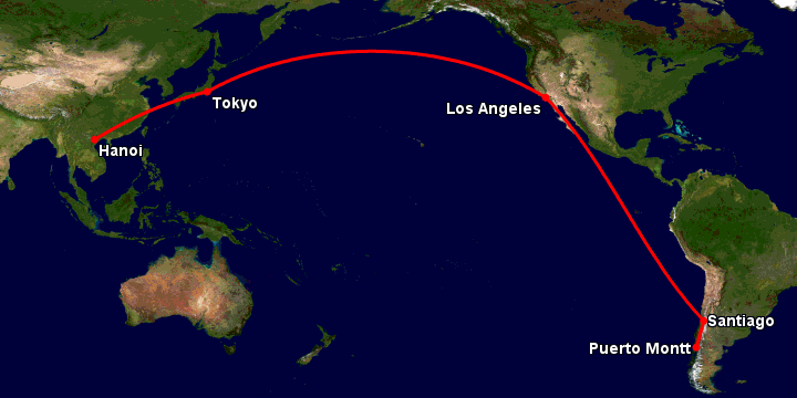 Bay từ Hà Nội đến Puerto Montt qua Tokyo, Los Angeles, Santiago