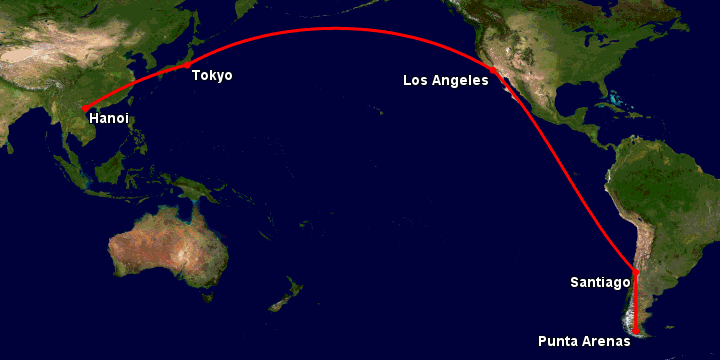 Bay từ Hà Nội đến Punta Arenas qua Tokyo, Los Angeles, Santiago